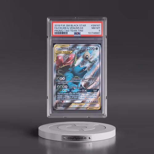 2019 Pokémon SM Black Star Promo #SM167 Celebi & Venusaur GX - Holo Full Art Tag Team Tins (PSA 8 NM