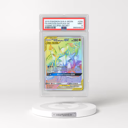 2019 Pokémon Sun & Moon Cosmic Eclipse #258 Arceus & Dialga & Palkia GX - Holo Full Art Secret (PSA 9 MINT)