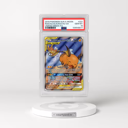 2019 Pokémon Sun & Moon Unified Minds #221 Raichu & Alolan Raichu GX - Holo Full Art (PSA 10 GEM MINT)