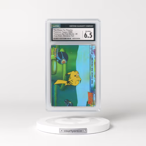 1999 Pokémon the First Movie #28 The Chase For Pikachu - First Print (Blue Topps Logo) Rainbow Foil (CGC 6.5 EX-NM+)