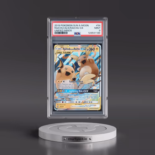2019 Pokémon Sun & Moon Unified Minds #54 Raichu & Alolan Raichu GX - Holo (PSA 9 MINT)