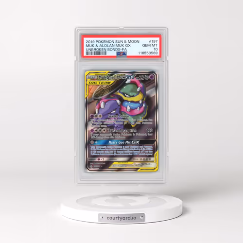 2019 Pokémon Sun & Moon Unbroken Bonds #197 Muk & Alolan Muk GX - Holo Full Art (PSA 10 GEM MINT)