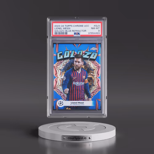 2023-24 Topps Chrome UEFA Club Competitions Golazo #GL5 Lionel Messi - Blue Refractor (PSA 8 NM-MT)