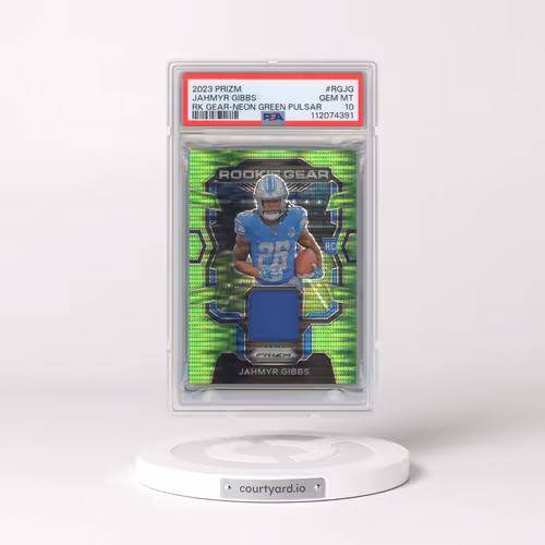 2023 Panini Prizm Rookie Gear #RGJG Jahmyr Gibbs - Neon Green Pulsar (PSA 10 GEM MINT)