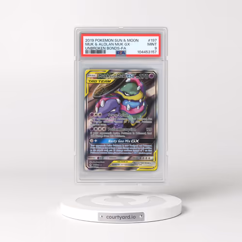 2019 Pokémon Sun & Moon Unbroken Bonds #197 Muk & Alolan Muk GX - Holo Full Art (PSA 9 MINT)
