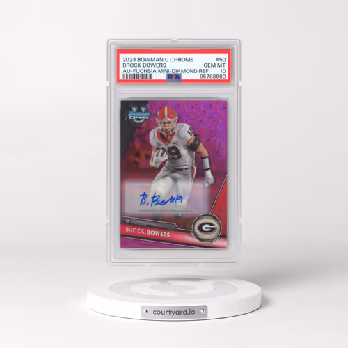2023 Bowman University Chrome #50 Brock Bowers - Autograph-Fuchsia Mini Diamond Refractor (PSA 10 GE
