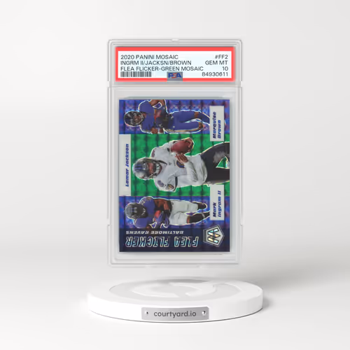 2020 Panini Mosaic Flea Flicker #FF2 Lamar Jackson/Mark Ingram II/Marquise Brown - Green Mosaic (PSA 10 GEM MINT)