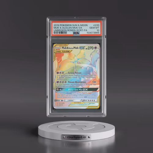 2019 Pokémon Sun & Moon Unbroken Bonds #220 Muk & Alolan Muk GX - Holo Full Art Secret (PSA 10 GEM M