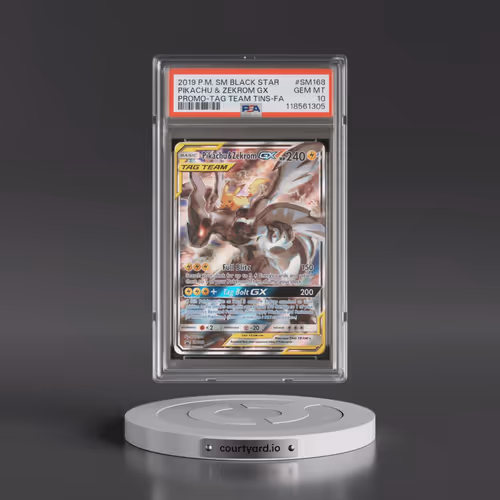2019 Pokémon SM Black Star Promo #SM168 Pikachu & Zekrom GX - Holo Full Art Tag Team Tins (PSA 10 GE