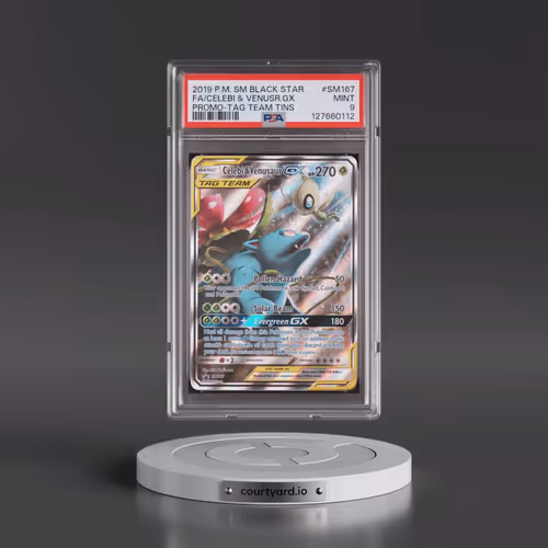 2019 Pokémon SM Black Star Promo #SM167 Celebi & Venusaur GX - Holo Full Art Tag Team Tins (PSA 9 MI