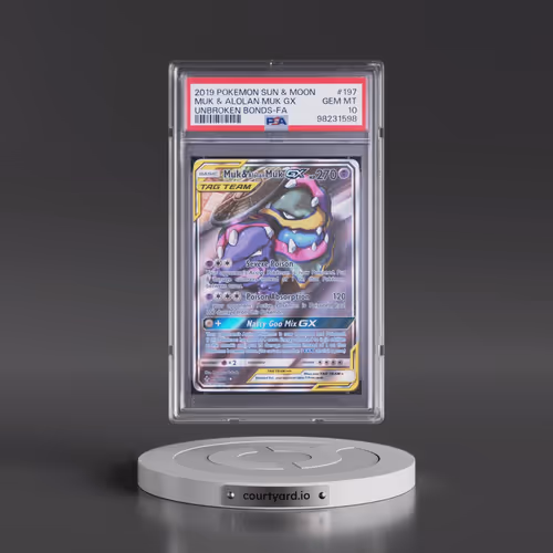 2019 Pokémon Sun & Moon Unbroken Bonds #197 Muk & Alolan Muk GX - Holo Full Art (PSA 10 GEM MINT)