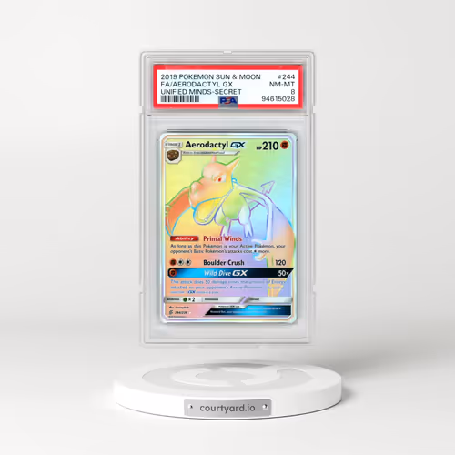 2019 Pokémon Sun & Moon Unified Minds #244 Aerodactyl GX - Holo Full Art Secret (PSA 8 NM-MT)