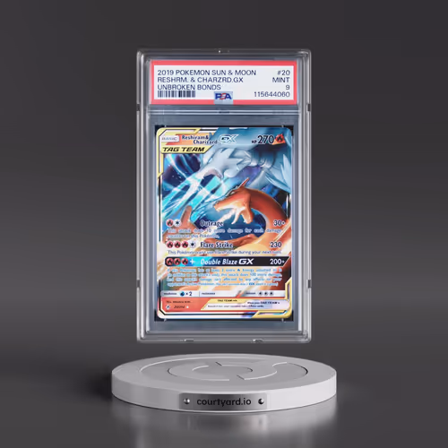 2019 Pokémon Sun & Moon Unbroken Bonds #20 Reshiram & Charizard GX - Holo (PSA 9 MINT)