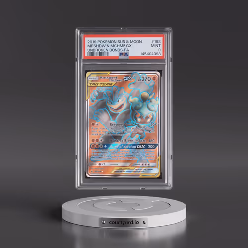 2019 Pokémon Sun & Moon Unbroken Bonds #198 Marshadow & Machamp GX - Holo Full Art (PSA 9 MINT)