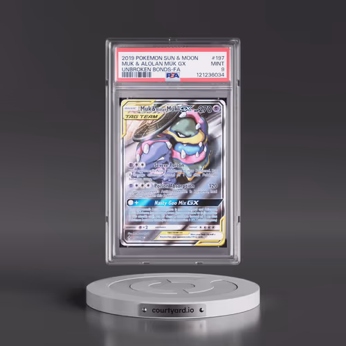 2019 Pokémon Sun & Moon Unbroken Bonds #197 Muk & Alolan Muk GX - Holo Full Art (PSA 9 MINT)