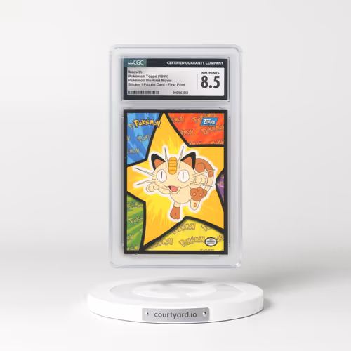 1999 Pokémon the First Movie Meowth - Sticker / Mewtwo Puzzle Card First Print (Blue Topps Logo) (CGC 8.5 NM-MT+)