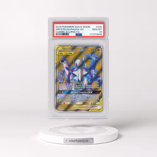 2019 Pokémon Sun & Moon Cosmic Eclipse #220 Arceus & Dialga & Palkia GX - Holo Full Art (PSA 10 GEM