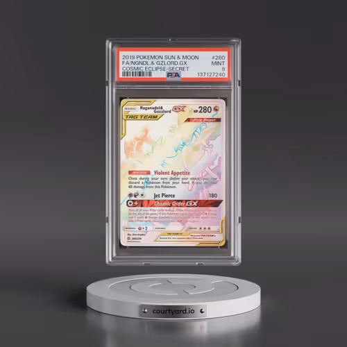 2019 Pokémon Sun & Moon Cosmic Eclipse #260 Naganadel & Guzzlord GX - Holo Full Art Secret (PSA 9 MI