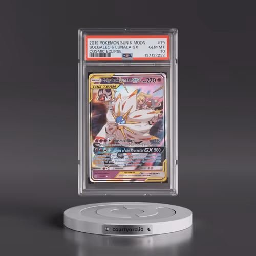 2019 Pokémon Sun & Moon Cosmic Eclipse #75 Solgaleo & Lunala GX - Holo (PSA 10 GEM MINT)
