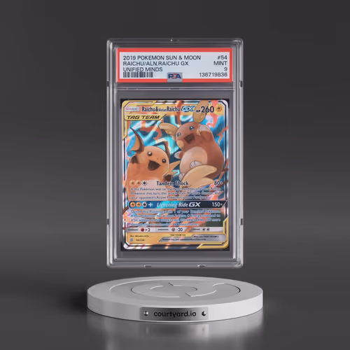 2019 Pokémon Sun & Moon Unified Minds #54 Raichu & Alolan Raichu GX - Holo (PSA 9 MINT)