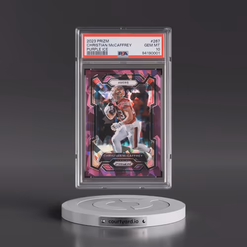 2023 Panini Prizm #267 Christian McCaffrey - Purple Ice (PSA 10 GEM MINT)