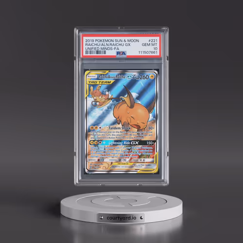 2019 Pokémon Sun & Moon Unified Minds #221 Raichu & Alolan Raichu GX - Holo Full Art (PSA 10 GEM MIN