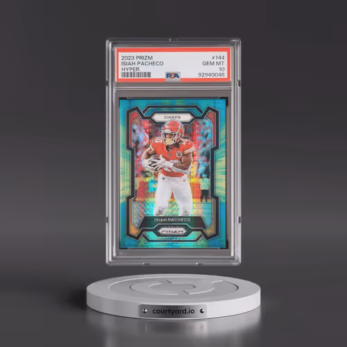 2023 Panini Prizm #144 Isiah Pacheco - Hyper Prizm (PSA 10 GEM MINT)