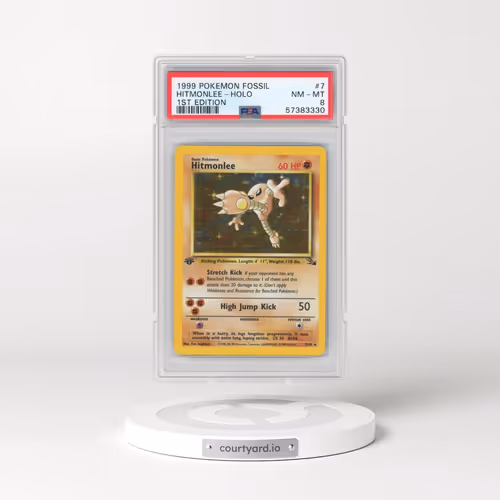 1999 Pokémon Fossil #7 Hitmonlee - 1st Edition Holo (PSA 8 NM-MT)