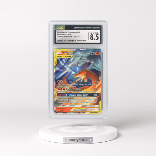 2019 Unbroken Bonds #20 Reshiram & Charizard GX - Full Art Holo (CGC 8.5 NM-MT+)