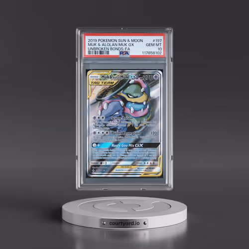 2019 Pokémon Sun & Moon Unbroken Bonds #197 Muk & Alolan Muk GX - Holo Full Art (PSA 10 GEM MINT)