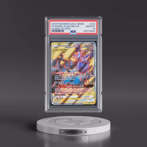 2019 Pokémon Sun & Moon Cosmic Eclipse #223 Naganadel & Guzzlord GX - Holo Full Art (PSA 10 GEM MINT