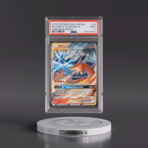 2019 Pokémon Sun & Moon Unbroken Bonds #20 Reshiram & Charizard GX - Holo (PSA 9 MINT)