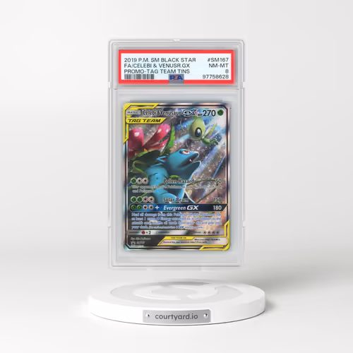 2019 Pokémon SM Black Star Promo #SM167 Celebi & Venusaur GX - Holo Full Art Tag Team Tins (PSA 8 NM-MT)