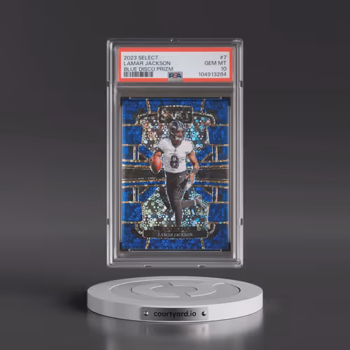 2023 Panini Select #7 Lamar Jackson - Blue Disco Prizm (PSA 10 GEM MINT)