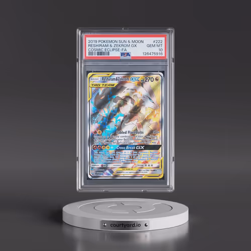 2019 Pokémon Sun & Moon Cosmic Eclipse #222 Reshiram & Zekrom GX - Holo Full Art (PSA 10 GEM MINT)