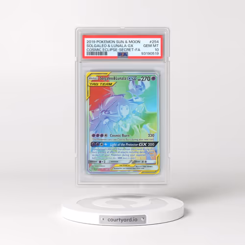 2019 Pokémon Sun & Moon Cosmic Eclipse #254 Solgaleo & Lunala GX - Holo Full Art Secret (PSA 10 GEM