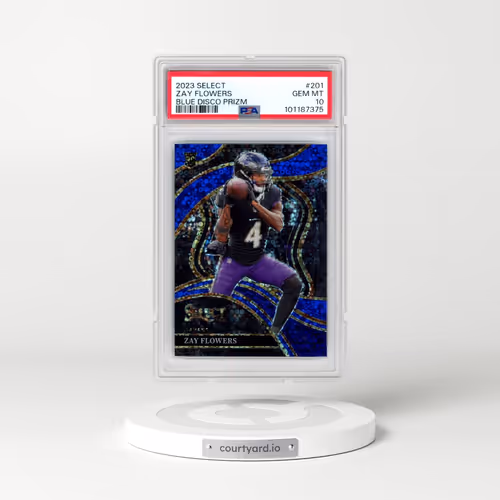 2023 Panini Select #201 Zay Flowers - Blue Disco Prizm (PSA 10 GEM MINT)