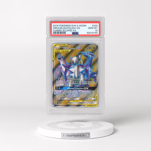 2019 Pokémon Sun & Moon Cosmic Eclipse #220 Arceus & Dialga & Palkia GX - Holo Full Art (PSA 10 GEM MINT)