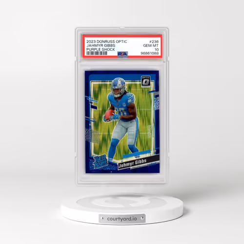 2023 Panini Donruss Optic #236 Jahmyr Gibbs - Purple Shock (PSA 10 GEM MINT)