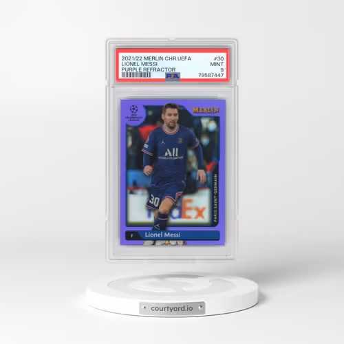 2021-2022 Topps Merlin Chrome UEFA League #30 Lionel Messi - Purple Refractor (PSA 9 MINT)