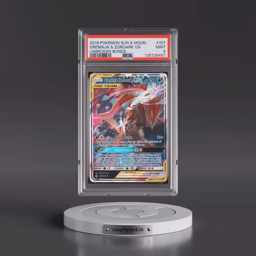 2019 Pokémon Sun & Moon Unbroken Bonds #107 Greninja & Zoroark GX - Holo (PSA 9 MINT)