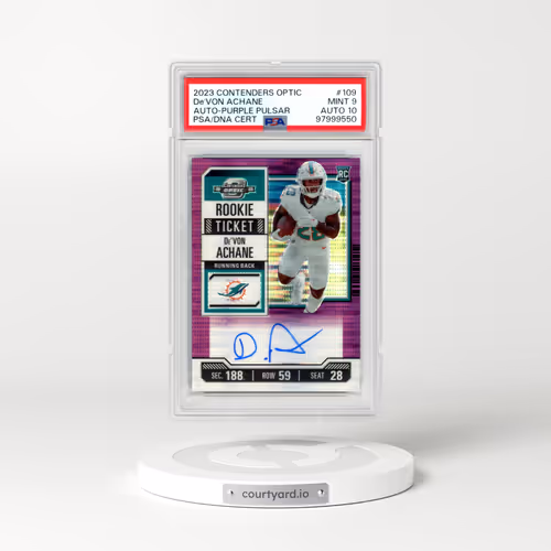 2023 Panini Contenders Optic #109 DE'Von Achane - Autograph-Purple Pulsar (PSA 9 MINT)