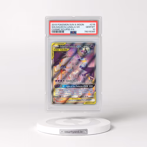 2019 Pokémon Sun & Moon Cosmic Eclipse #216 Solgaleo & Lunala GX - Holo Full Art (PSA 10 GEM MINT)