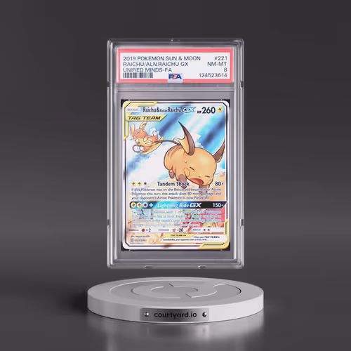 2019 Pokémon Sun & Moon Unified Minds #221 Raichu & Alolan Raichu GX - Holo Full Art (PSA 8 NM-MT)