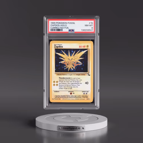 1999 Pokémon Fossil #15 Zapdos - Holo Corrected Foil (PSA 8 NM-MT)