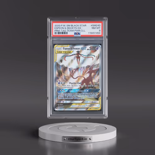 2020 Pokémon SM Black Star Promo #SM240 Espeon & Deoxys GX - Holo Tag Team Powers Collection (PSA 8