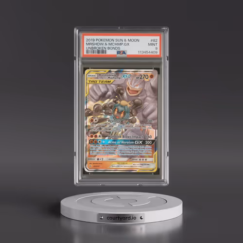 2019 Pokémon Sun & Moon Unbroken Bonds #82 Marshadow & Machamp GX - Holo (PSA 9 MINT)