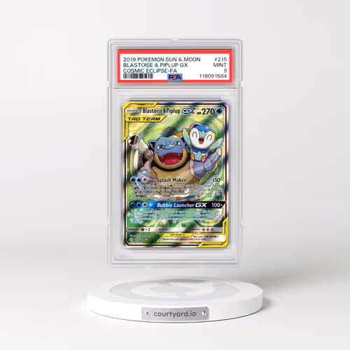 2019 Pokémon Sun & Moon Cosmic Eclipse #215 Blastoise & Piplup GX - Holo Full Art (PSA 9 MINT)