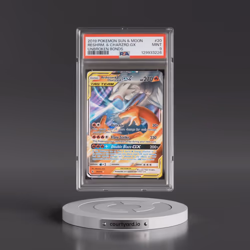 2019 Pokémon Sun & Moon Unbroken Bonds #20 Reshiram & Charizard GX - Holo (PSA 9 MINT)