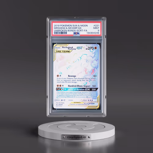 2019 Pokémon Sun & Moon Unbroken Bonds #221 Marshadow & Machamp GX - Holo Full Art Secret (PSA 9 MIN